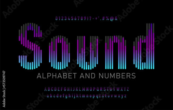 Obraz Colorful sound wave style font design, alphabet letters, signs, symbols and numbers. Vector illustration