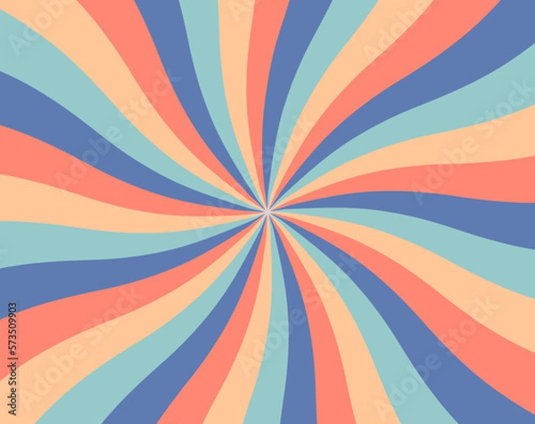 Fototapeta Striped spiral psychedelic groovy background, wavy banner, vector abstract old fashioned art in 1970s groovy style.