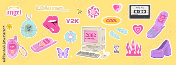 Fototapeta Y2k icons set. Vintage old phone, computer, flame, stickers. 2000s. Vector