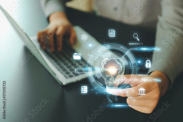 Fototapeta Cloud documentation and personal information online database storage and data privacy protection on computer network or online banking protect or cyber security concept.