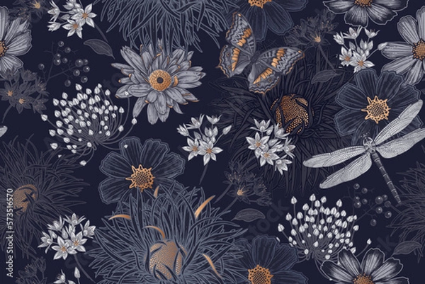 Fototapeta Summer seamless pattern. Cute wildflowers, butterflies and dragonflies.