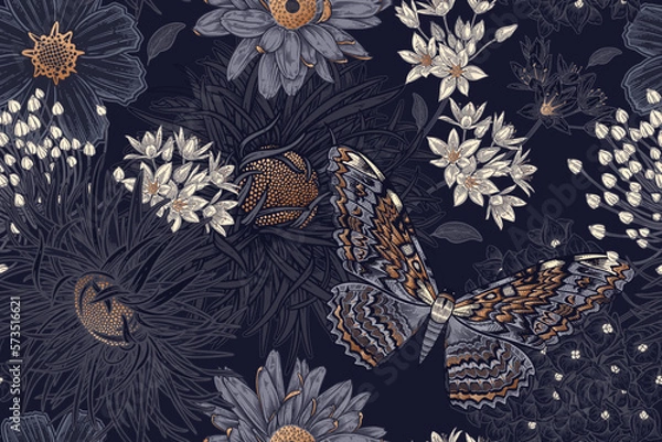 Fototapeta Dark seamless pattern. Small garden flowers and butterflies.