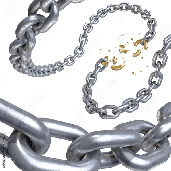 Obraz 3d illustration of metal gold broken chain and gold link on isolated white background