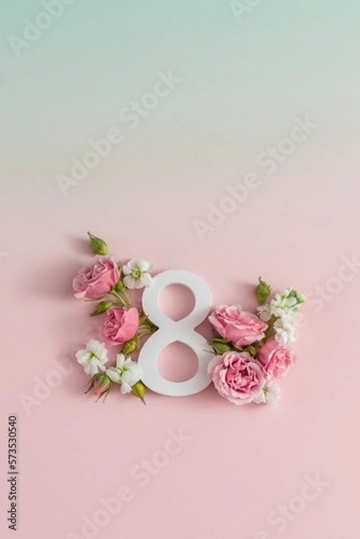 Fototapeta Greeting for International Women's Day on March 8. Number eight and pink roses. Spring concept. Card for story 