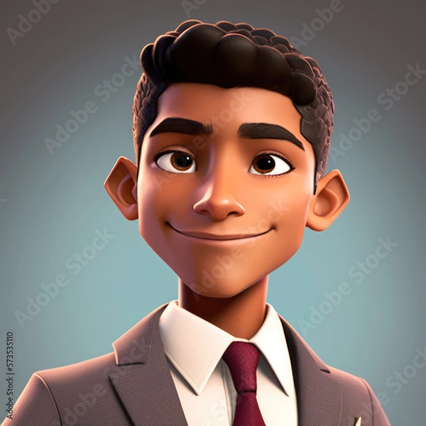 Fototapeta Cartoon Close up Portrait of Smiling Latinx Nurturing Teenager Boy with a Suit and tie on a Colored Background. Illustration Avatar for ui ux. - Post-processed Generative AI