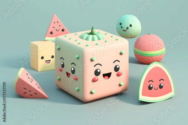 Fototapeta Tiny cute isometric design watermelon emoji 3d rendering made with Generative AI