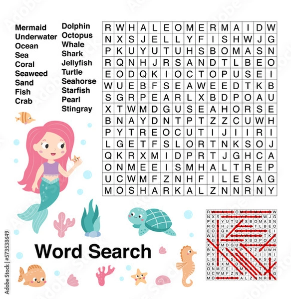 Fototapeta Sea Word search. Educational game. Learning English. Printable puzzle with mermaid and ocean animals. Kids activity worksheet. Vector illustration.