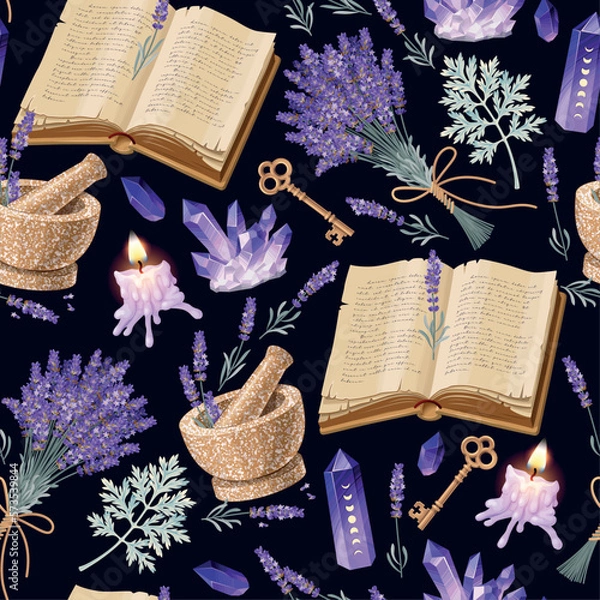 Fototapeta Vector seamless pattern with book and lavender