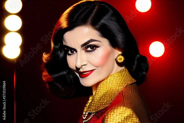 Fototapeta Glamorous Woman in Golden Jacket Poses on Vibrant Red Background. Black-Haired Woman Smiling at the Camera. Generative AI