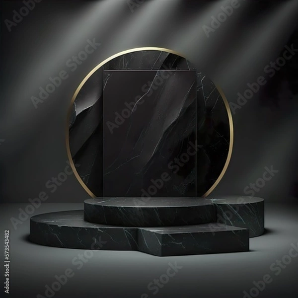 Fototapeta Fond de scène d'affichage de produit en pierre noire, fond cosmétique en marbre de luxe, support de podium, présentation de plate-forme de texture sombre ou piédestal minéral vierge moderne 