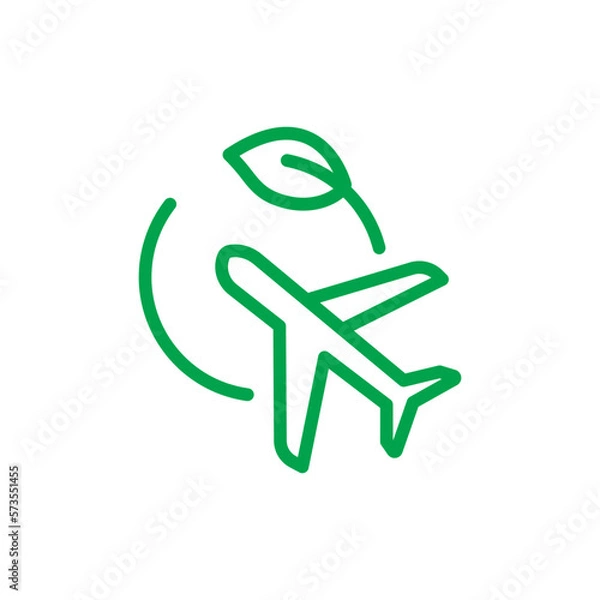 Fototapeta Electric plane line icon. Airplane in green circle with a leaf. Aircraft powered by electricity. Green aviation concept illustration.