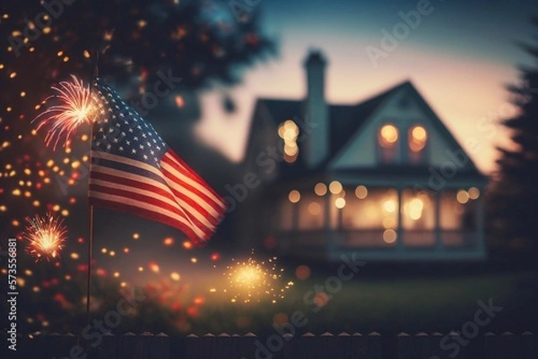 Fototapeta Evening photo of the American flag on the house and fireworks on the background with light bokeh. Generative AI