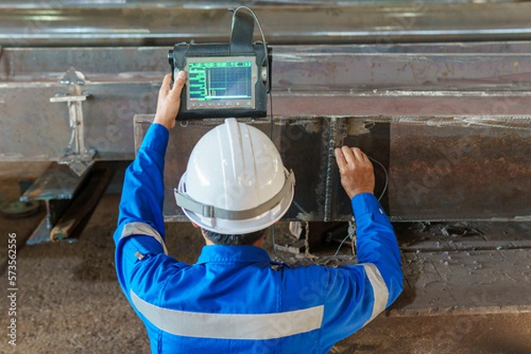 Fototapeta Inspectors are Inspection defects in Welded Steel H-beam add joints with Process Ultrasonic Testing (UT) of Non-Destructive Testing (NDT)