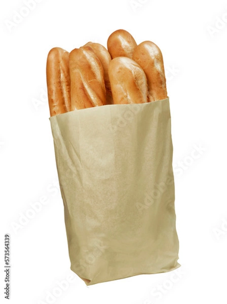 Fototapeta baguette bread paper bag isolated on transparent layered background.