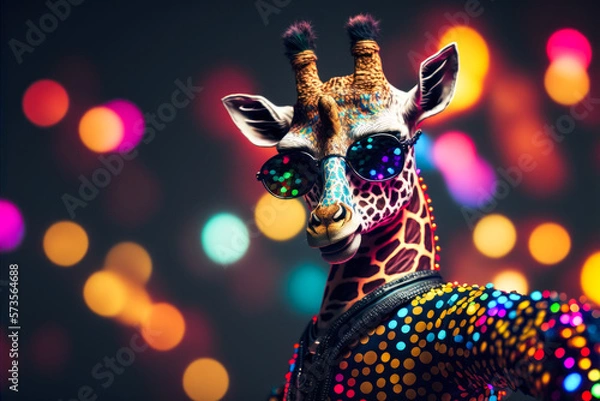 Fototapeta a dancing giraffe wearing disco clothes from the eighties, Generative AI