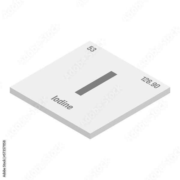 Fototapeta Iodine, I, gray 3D isometric illustration of periodic table element with name, symbol, atomic number and weight. Halogen with various industrial uses, such as in medicine, photography, and as a