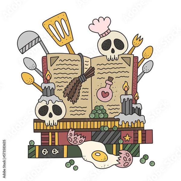 Fototapeta Witch cooking book. Wizard spell book. Alchemy schoolbook with recipes for potion. Skull cook and ingredients. Funny cartoon vector illustration