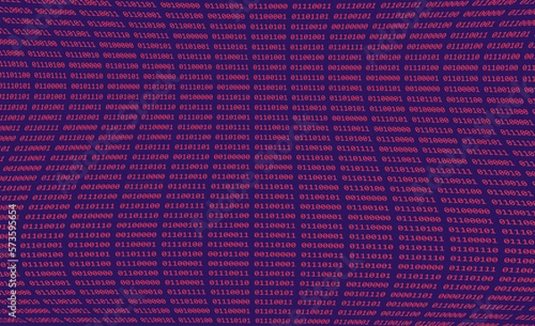 Obraz Computer binary code of ones and zeros displayed on warped digital screen with pink and blue matrix numbers