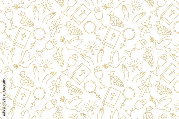 Fototapeta seamless pattern with christian religion icons: holy communion, chalice, grapes, praying hands, candle, dove with olive twig, rosary and bible - vector illustration