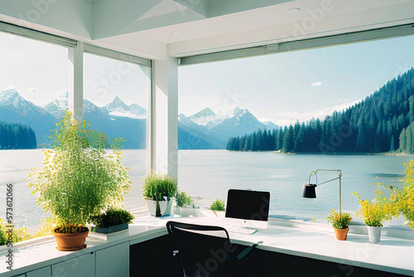 Fototapeta Homeoffice with beautiful mountain and lakeview, cozy with plants, created with Generative AI
