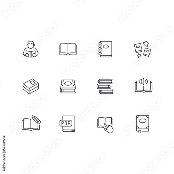 Fototapeta Books related vector linear icons set. Contains icons such as fairy tales, notebook, pencil, reader, audiobook. Editable stroke
