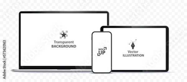 Fototapeta Laptop Computer, Mobile Phone and Tablet PC Mockup. Digital devices screen template vector illustration with transparent background.