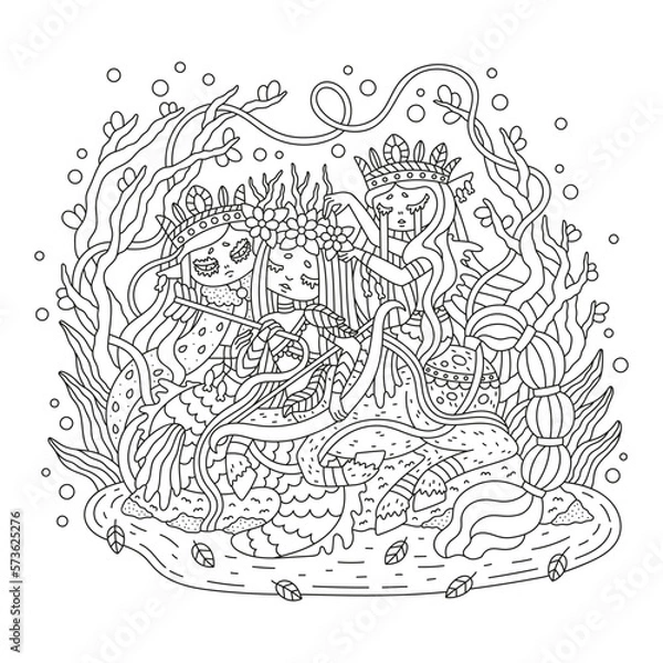 Fototapeta Two mermaids and centaur. Cute sea princess. Fish girl and horse boy. Fairy tale creature. Fantasy adventure. Beautiful detailed coloring page. Cartoon vector illustration. Oulined artwork. Isolated