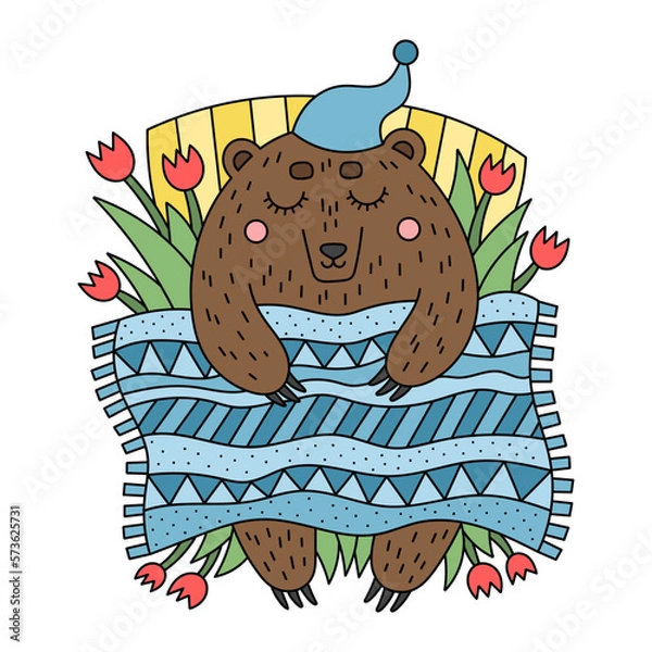 Fototapeta Cute bear sleeping in bed, wearing pajama hat. Animal in winter. Zoo. Funny cartoon vector illustration. Cheerful, colorful. Poster for kids. Isolated on white