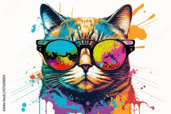Obraz Abstract colored cat muzzle in eyeglasses, colorful paint splash on white background. T-shirt painted print, ink splashing. Modern abstract art painting. Vibrant wallpaper. Image is AI generated.