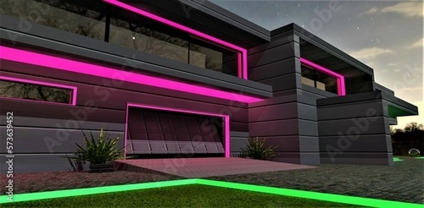 Obraz Lifting metal gate of the garage illuminated in pink at starry night. Facade of the house finished with horizontal aluminum panels. Stylish design balcony is above. 3d rendering.