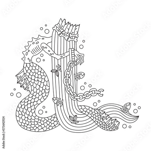Fototapeta Desperate scary sea mermaid. Underwater zombie fish woman. Chains and bones. Mythology monster. Fantasy coloring page. Cartoon vector illustration. Outlined drawing. Black and white colors. Isolated