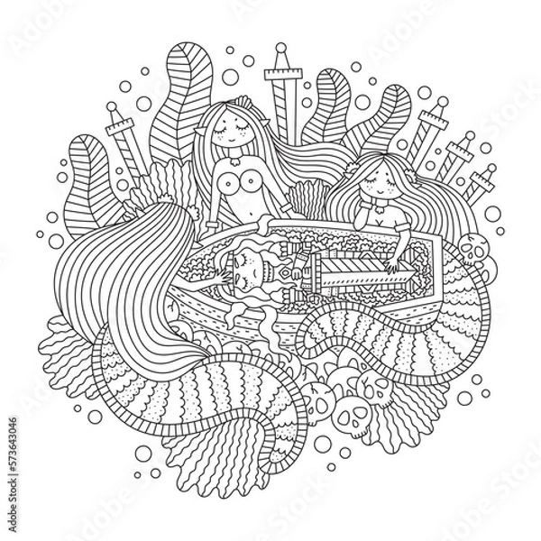 Fototapeta Mythology scandinavian death ritual. Dead knight man with beautiful mermaids. Fantasy underwater creatures. Coloring page for adults. Cute cartoon vector illustration. Isolated on white. Outline art