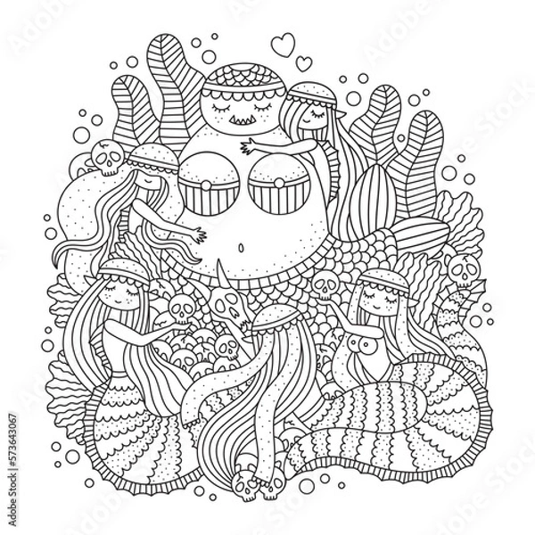 Fototapeta Goddess of mermaids with little girls. Mythology mother of underwater creature with children. Statue of sea monster. Detailed coloring page for adults. Cartoon vector illustration for. Outlined art