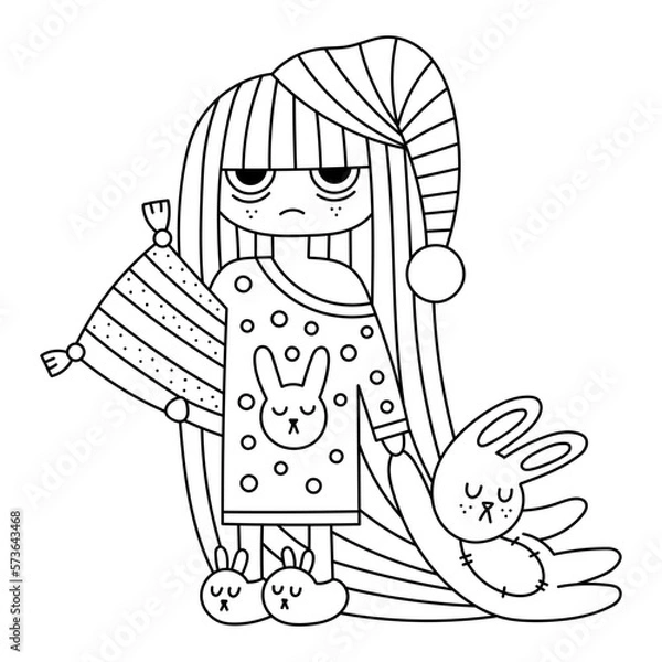 Obraz Cute little sleepy girl wearing pajama, with pillow in hand. Bunny toy. Funny coloring page for kids. Cartoon vector illustration. Isolated on white. Black lines. Outlined drawing. Clipart
