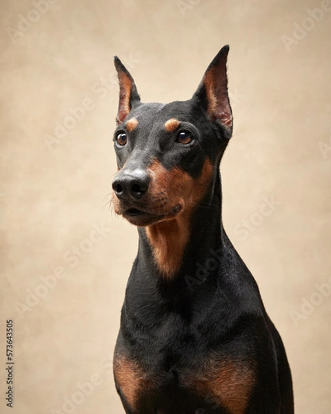 Fototapeta Standard pinscher on a beige background. Portrait of a dog in the studio. beautiful pet