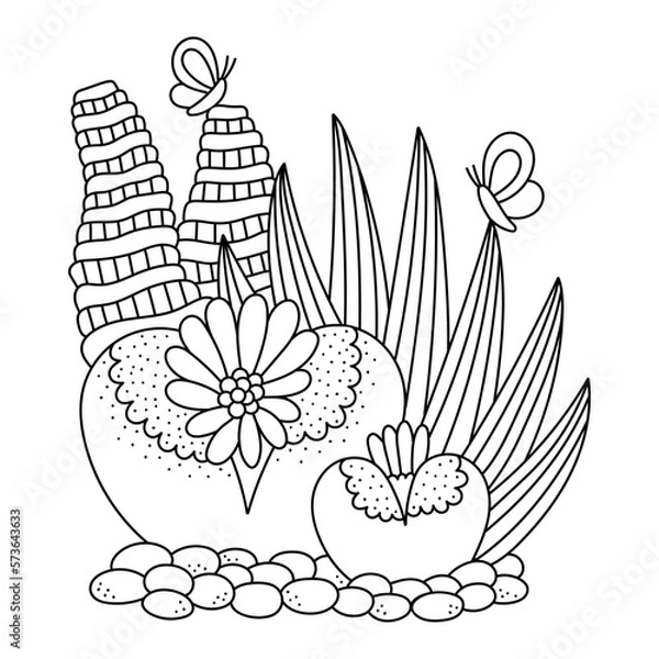 Fototapeta Different succulents with flowers. Summertime desert plants. Botany coloring page for kids and adults. Cartoon vector illustration. Isolated on white. Outlined drawing. Black lines