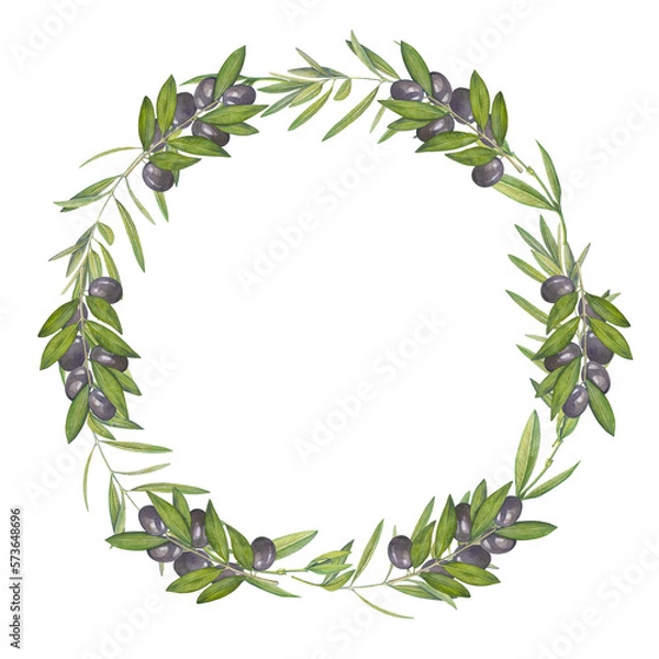 Fototapeta round frame with watercolor image of olive branches and black olives