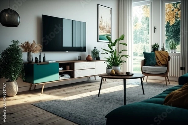 Fototapeta Transform your living room into a stylish space by incorporating a TV cabinet, wide angle, and carpet decor, adding a touch of elegance to your home decor.