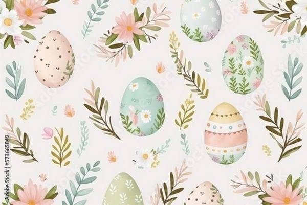 Fototapeta Seamless Easter Egg Pattern in Pastel Colours - Minimalist Leaf Background Design Generative AI Illustration