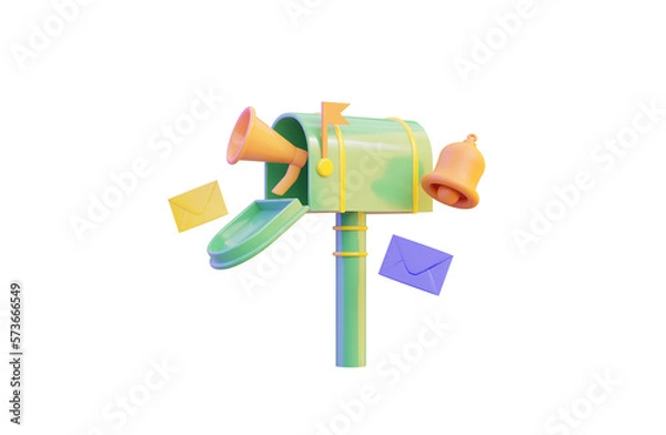 Fototapeta mail box sign with megaphone notification bell envelop on white background 3d render concept
