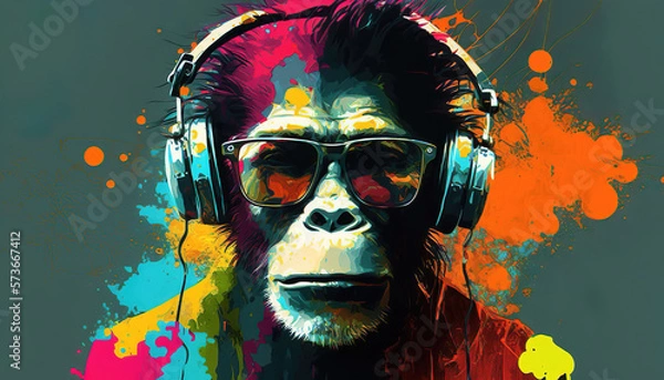 Fototapeta portrait of a party monkey ape with headphones on a colorful abstract background, generative ai