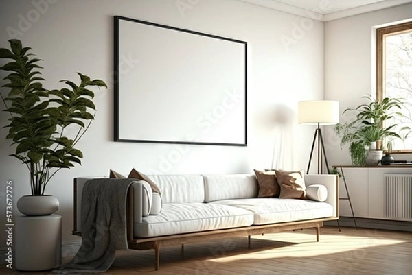 Obraz Mockup of wall poster frame on the living room, with modern contemporary minimalist style interior, natural warm light, generative AI. suitable for place your desgin product