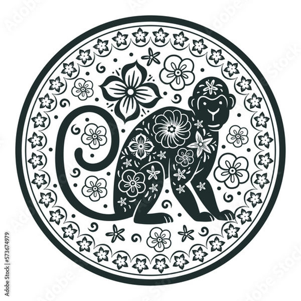Obraz Chinese monkey zodiac sign. Lunar New Year horoscope animal, ape silhouette, astrological calendar sign flat vector illustration