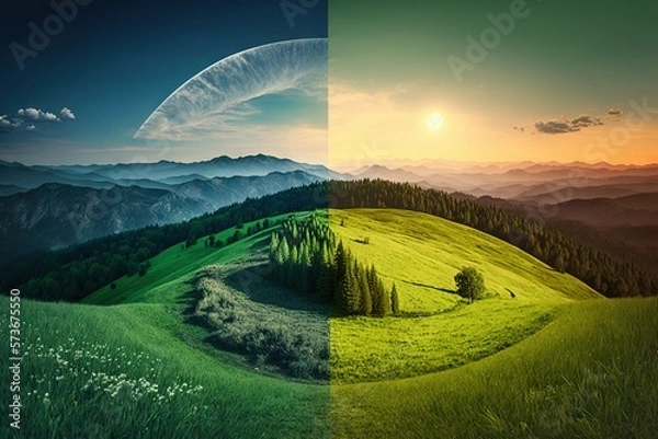 Obraz Concept of spring equinox. Day and night, sun and moon meeting together on the split landscape.