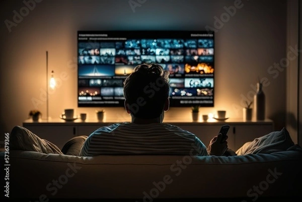 Fototapeta Evening TV content selection at home.
Generative AI