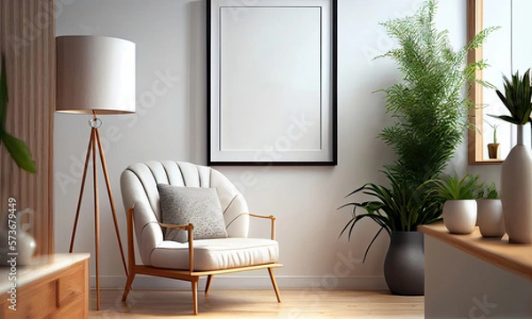 Fototapeta Stylish living room in a light Scandinavian style with an empty vertical picture frame, generative AI