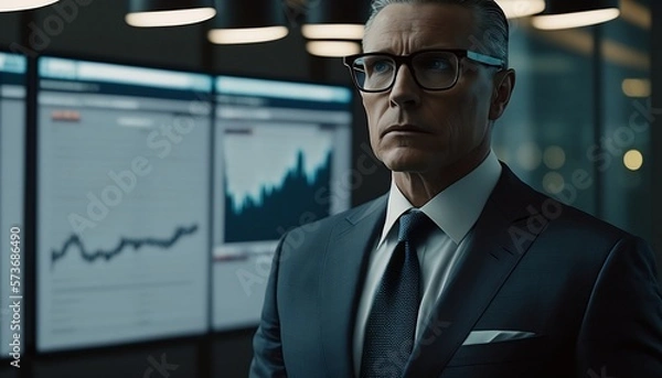 Fototapeta A middle-aged businessman analyzing data and charts with a confident expression, Generative AI