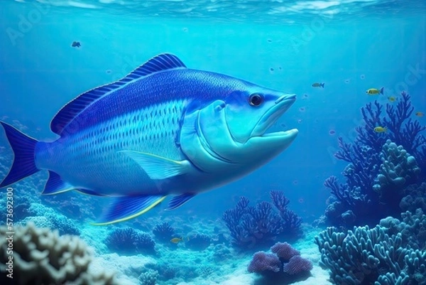Fototapeta Underwater coral reef landscape with fish, generative ai, in the deep blue ocean with colorful marine life