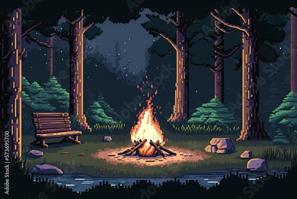 Obraz Pixel art game background with a camp fire in the forest. Generative AI.