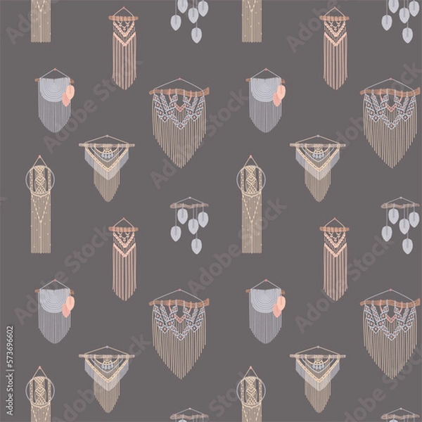 Obraz Bohemian background with macrame. Vector seamless pattern with illustrations in boho style. Flat style isolated on gray background.